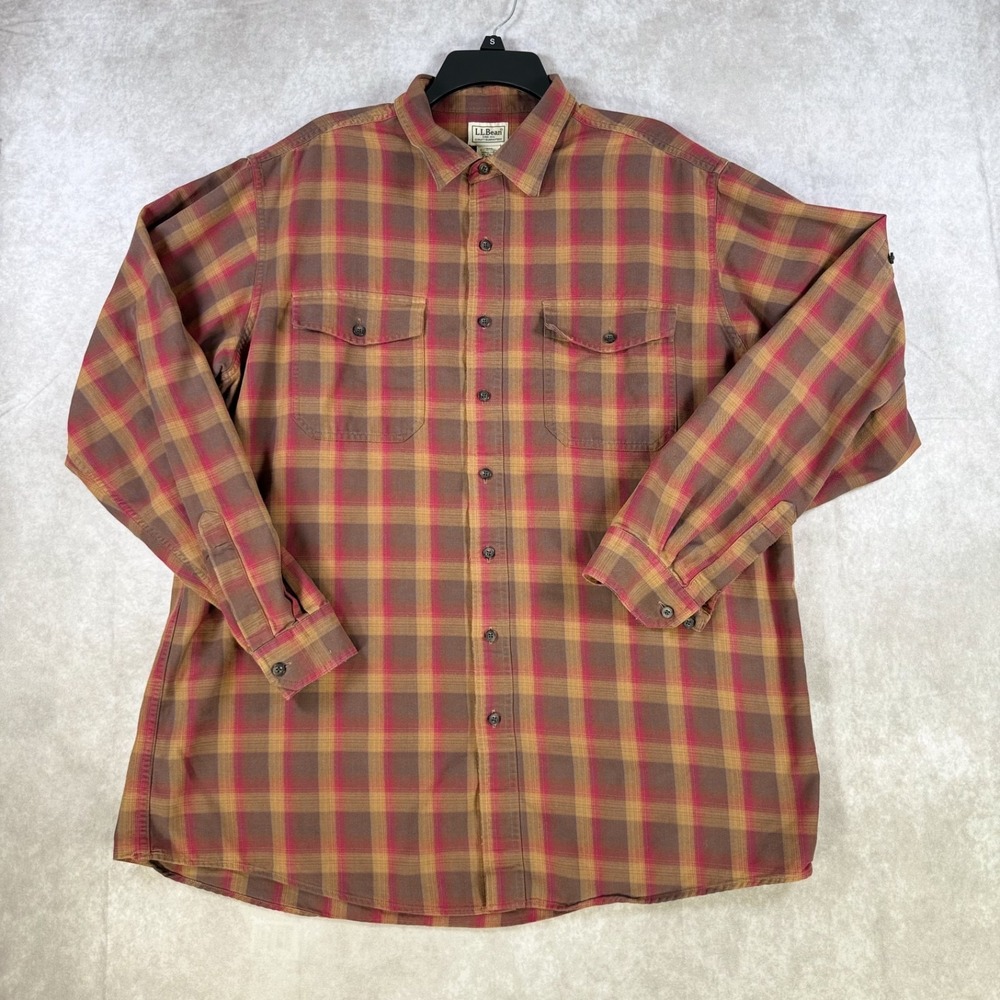 LL Bean Shirt Men XLT Brown Red Plaid‎ Thermolite Long Sleeve Button Up Pockets